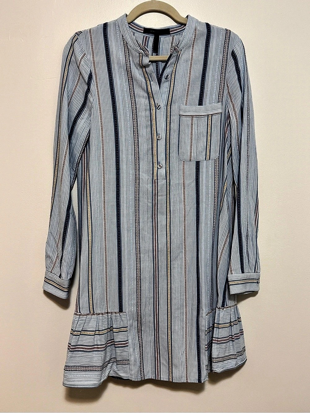 BCBGMAXAZRIA Blue Striped Ruffle Shirt Dress